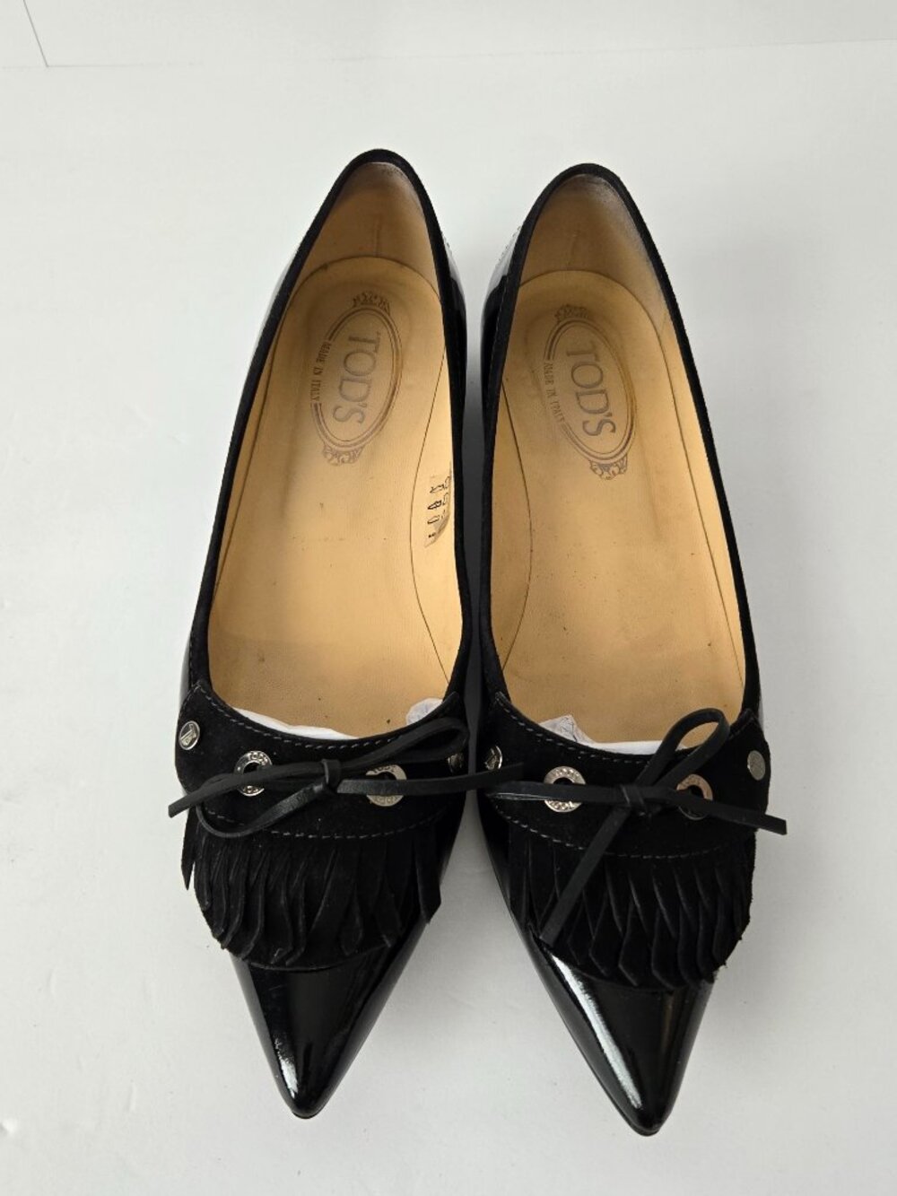 Tod's Aubrey Double Fringe Patent Leather Bow Accent Pointy Ballet Flat Black 10